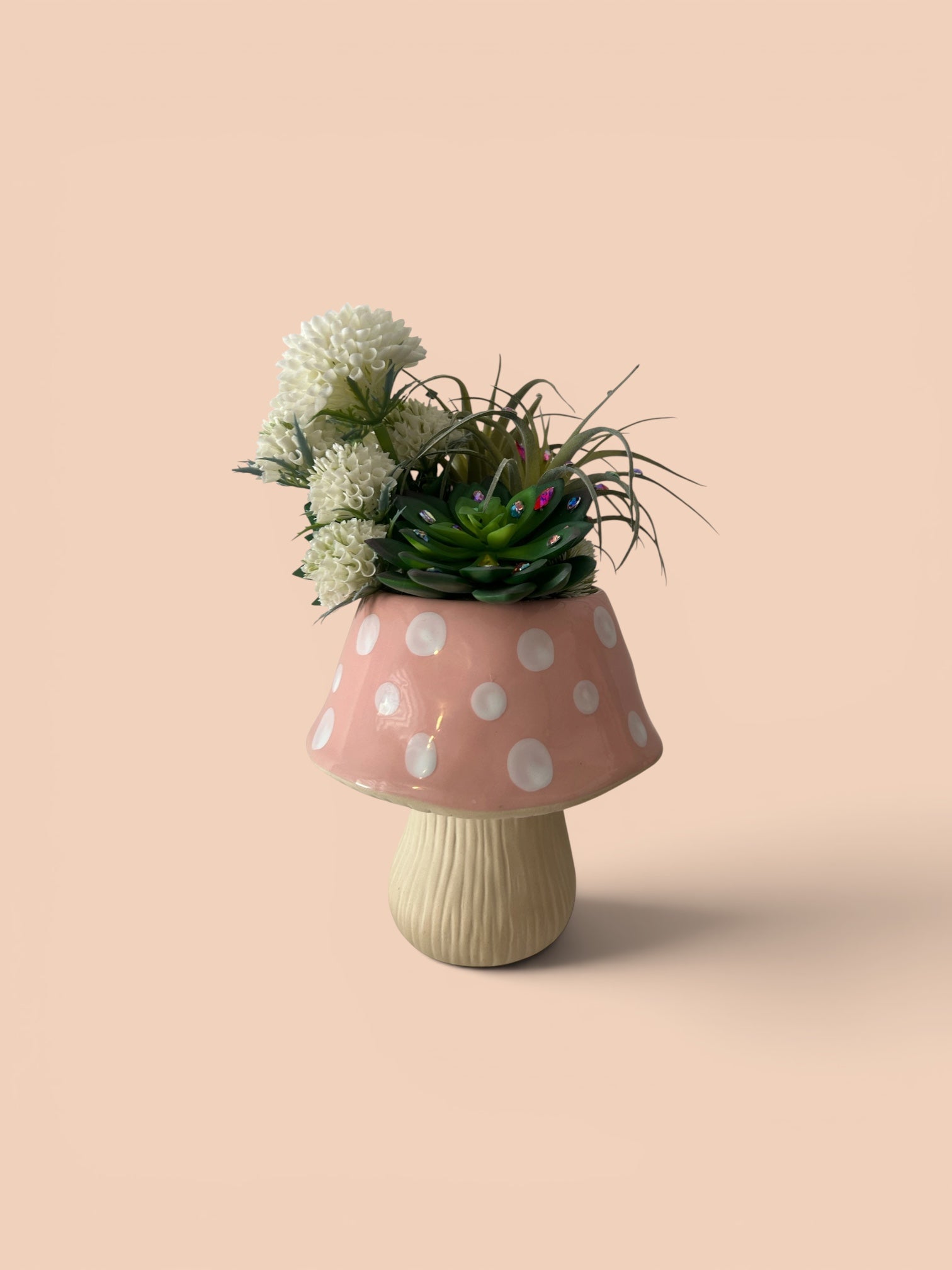 Mushroom vase with succulents