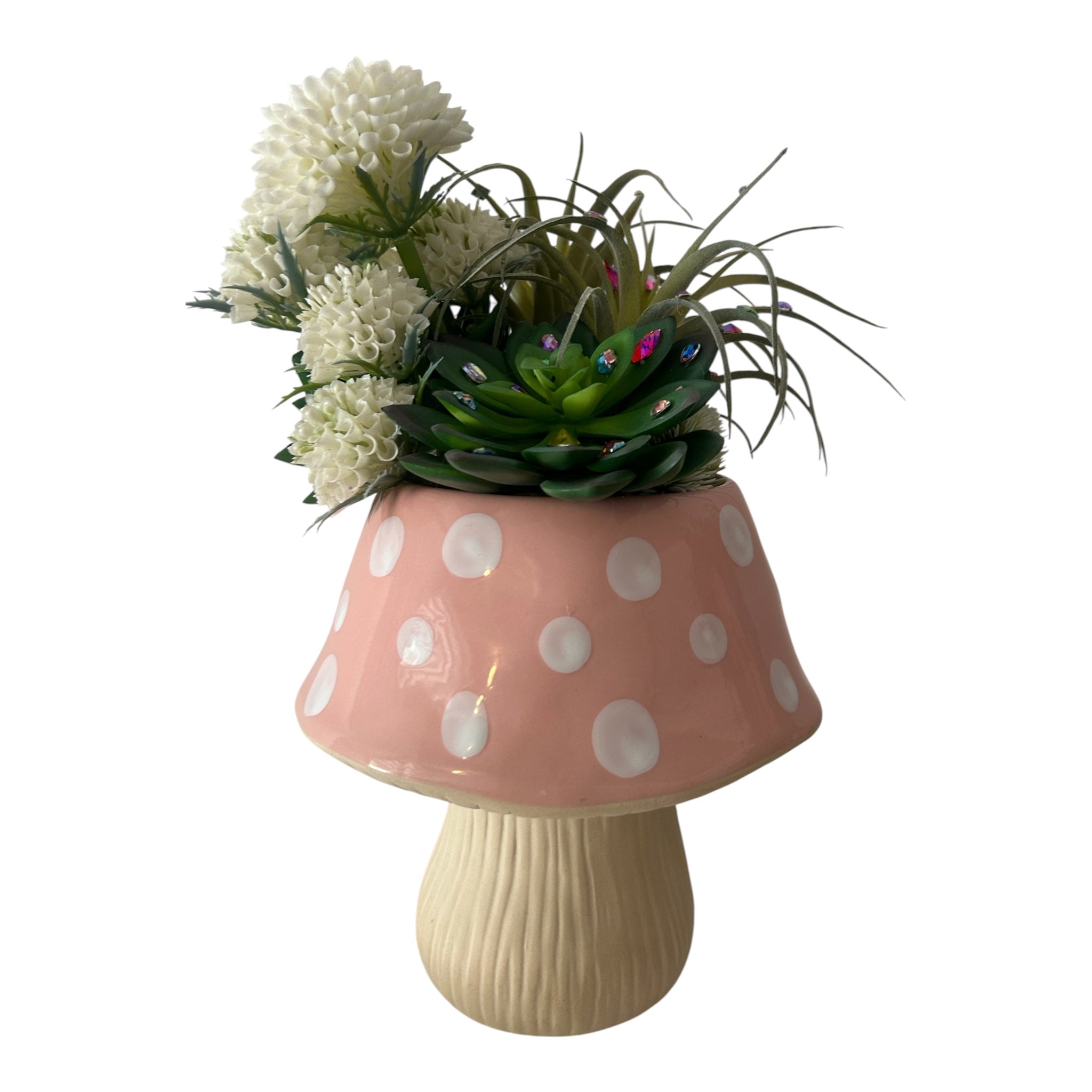 Mushroom vase with succulents