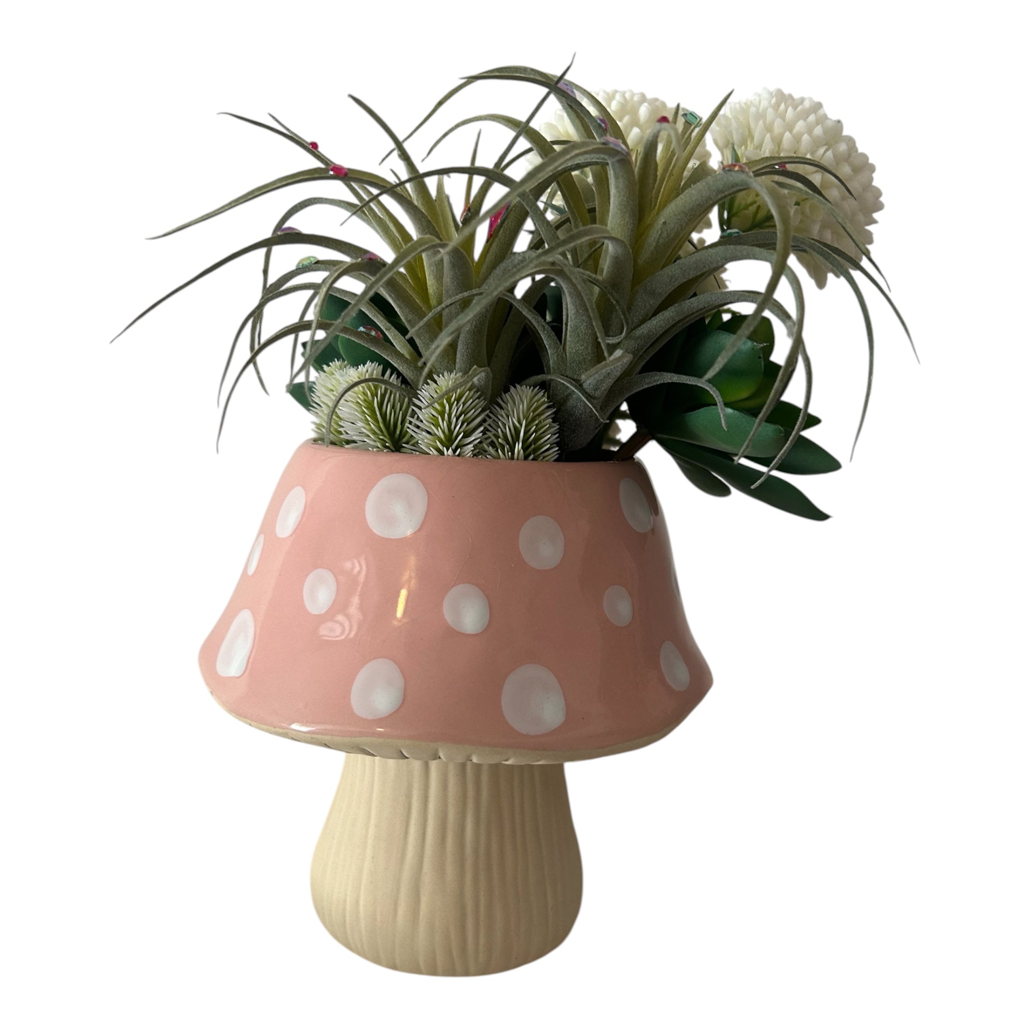 Mushroom vase with succulents