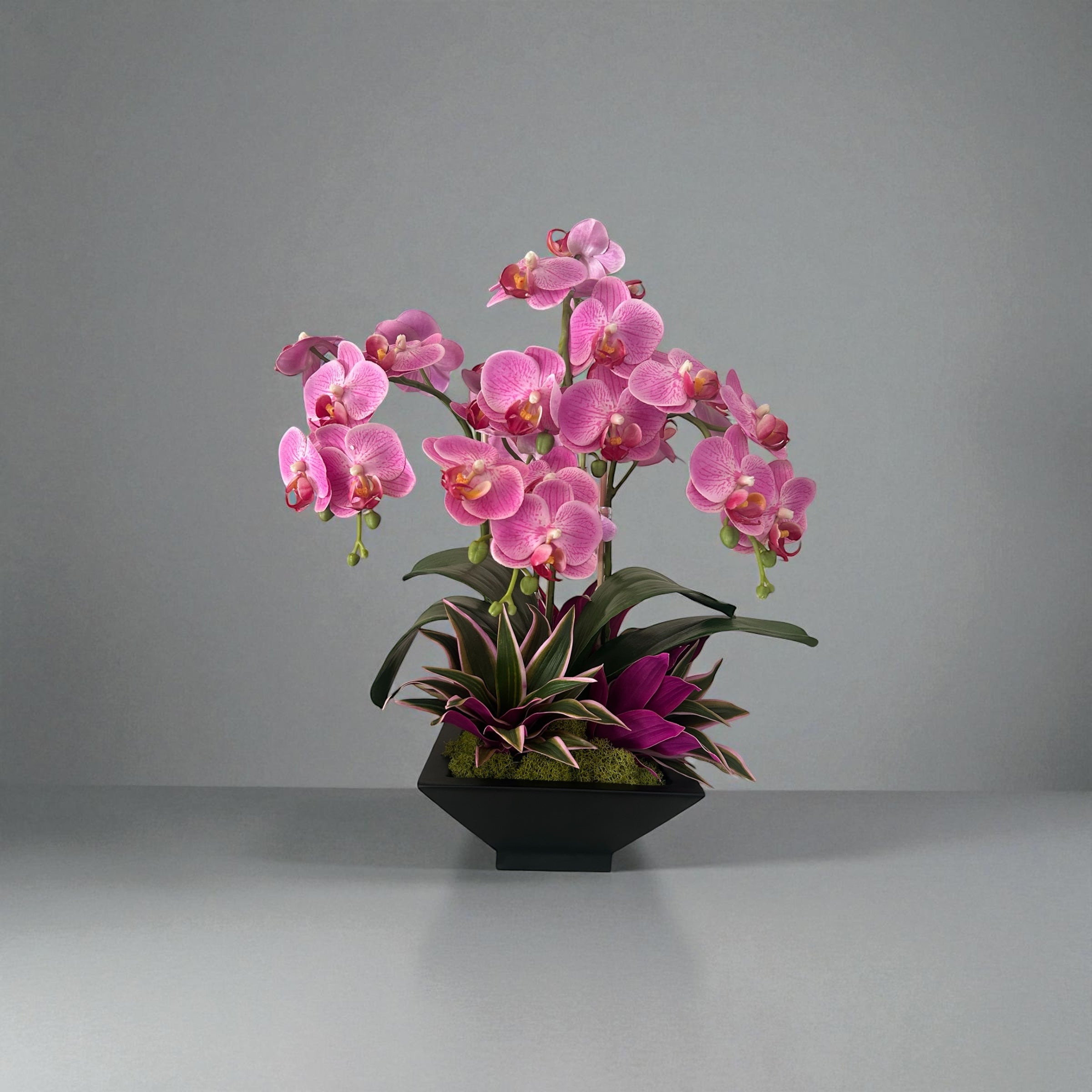 Artificial Pink Orchid Arrangement – Faux Phalaenopsis in Black Pot