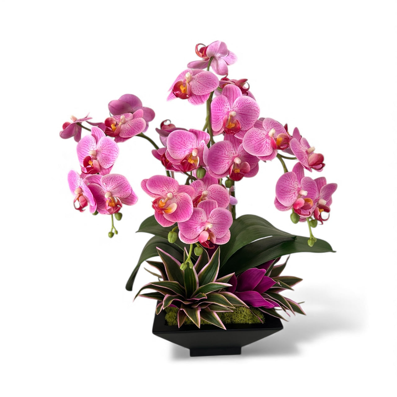 Artificial Pink Orchid Arrangement – Faux Phalaenopsis in Black Pot