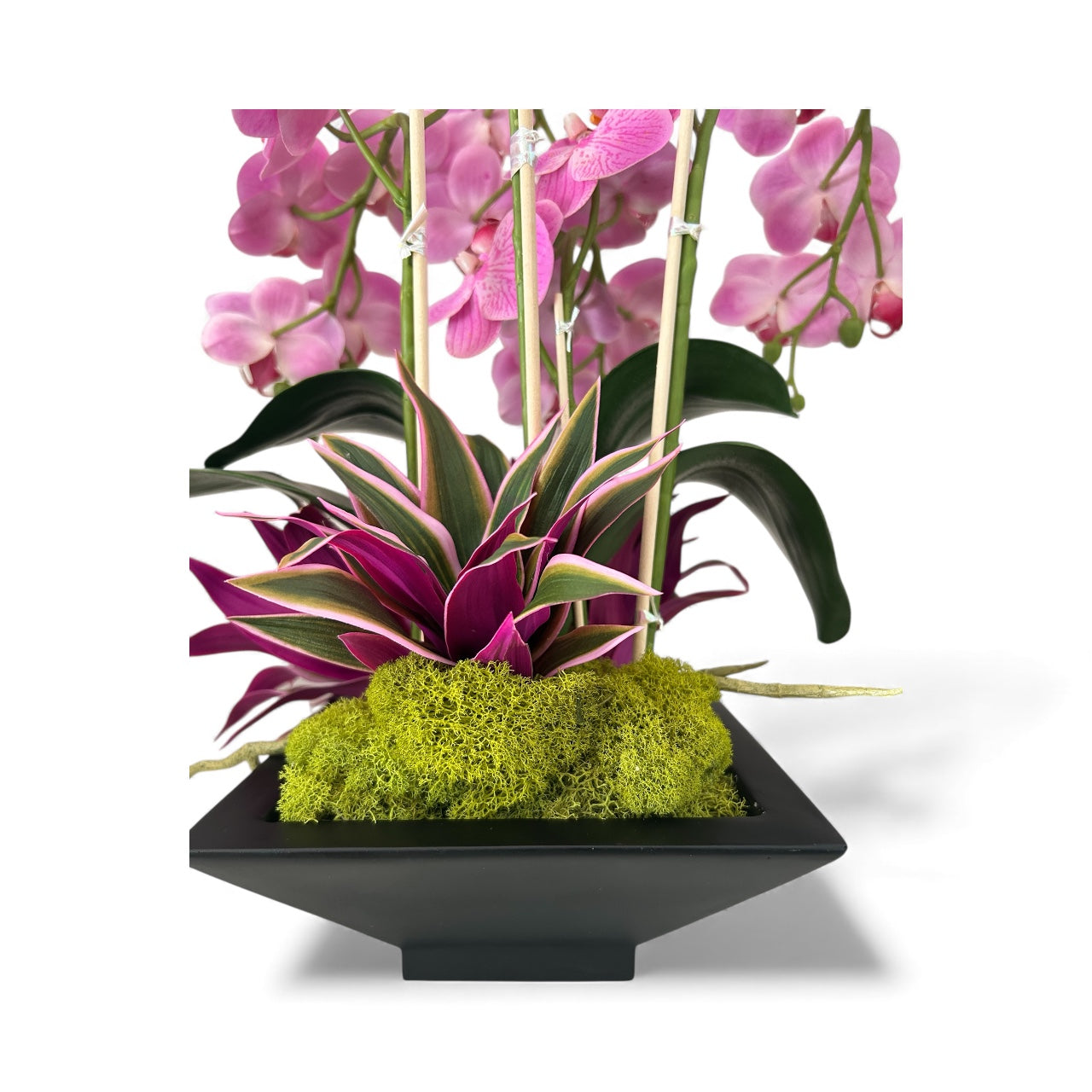 Artificial Pink Orchid Arrangement – Faux Phalaenopsis in Black Pot