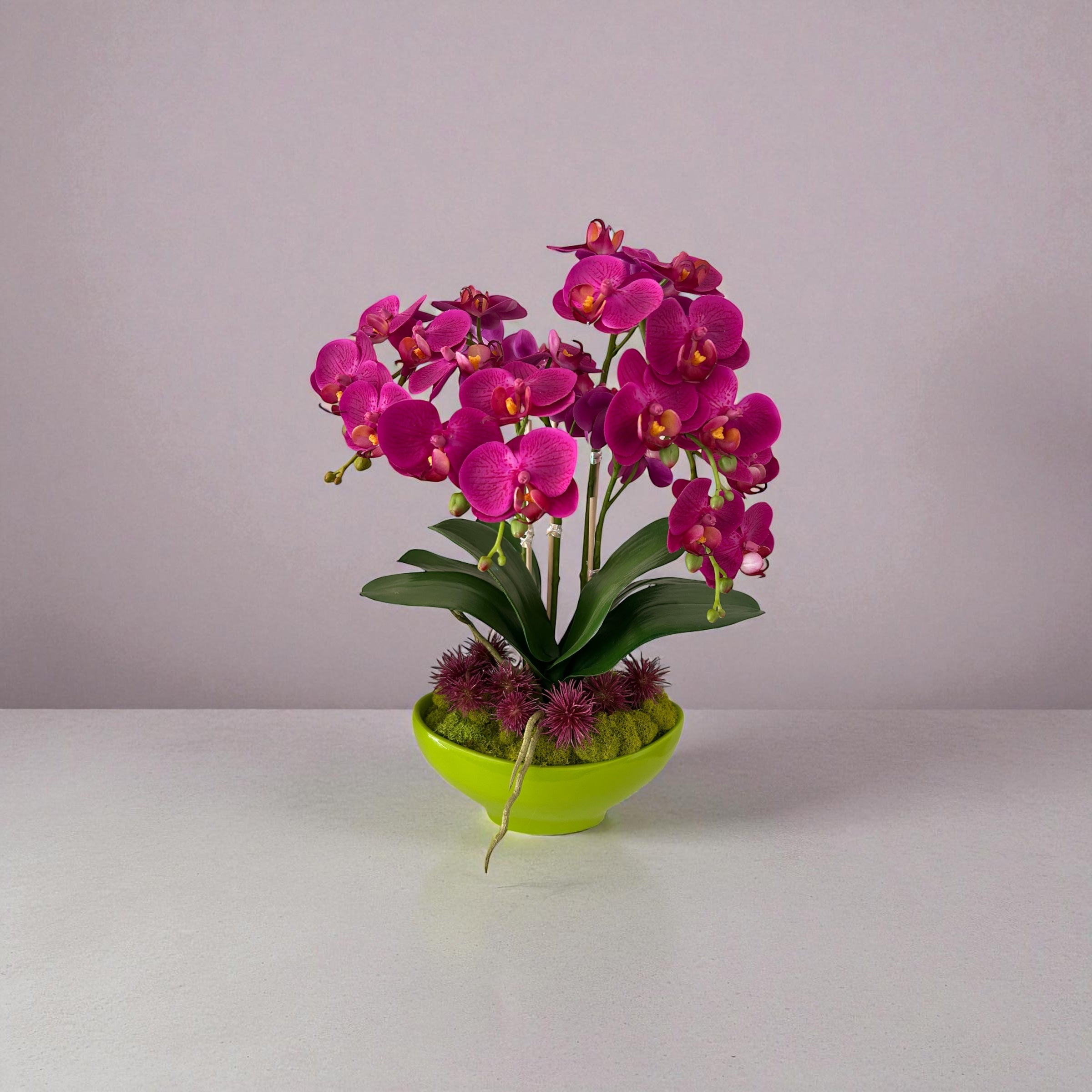 Real Touch Fuschia Orchid Arrangement - Faux Phalaenopsis in Green Pot