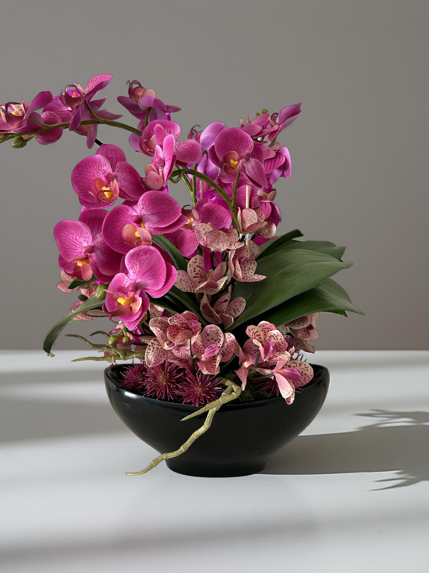 Magenta Silk Orchid Arrangement: Black Vase, Modern Home Decor